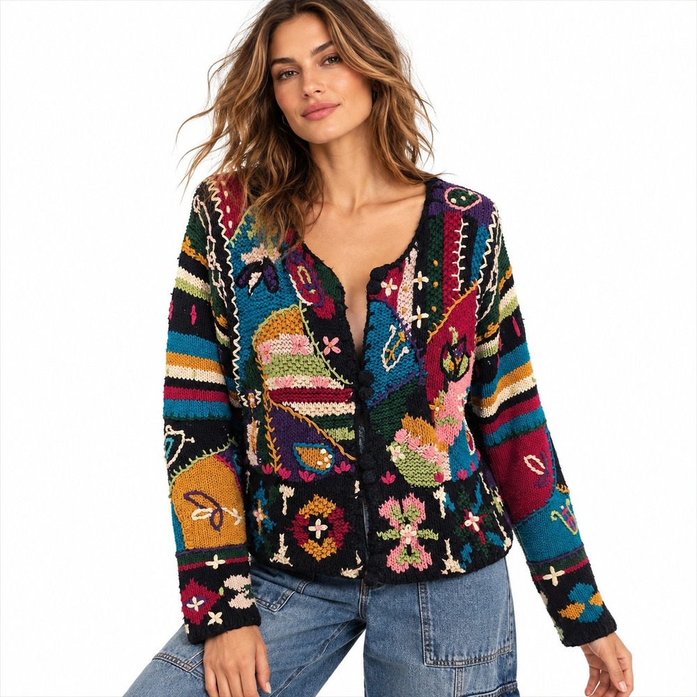 Vintage 90s Liz Claiborne Collection Hand Knit Cardigan S Art Embroidered RARE